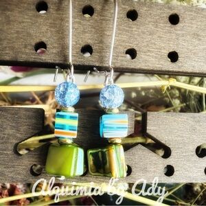 Vibrant Blue quartz and Green mother of pearl Earrings